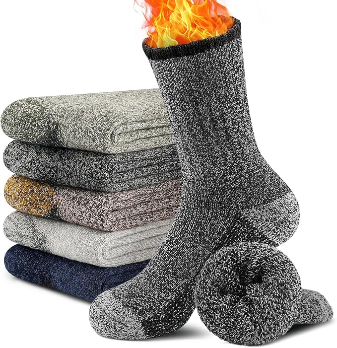 UUMIAER Merino Wool Socks for Men Hiking Thermal Warm Winter Crew Socks Thick Cushion Moisture Wicking Socks 5 Pairs