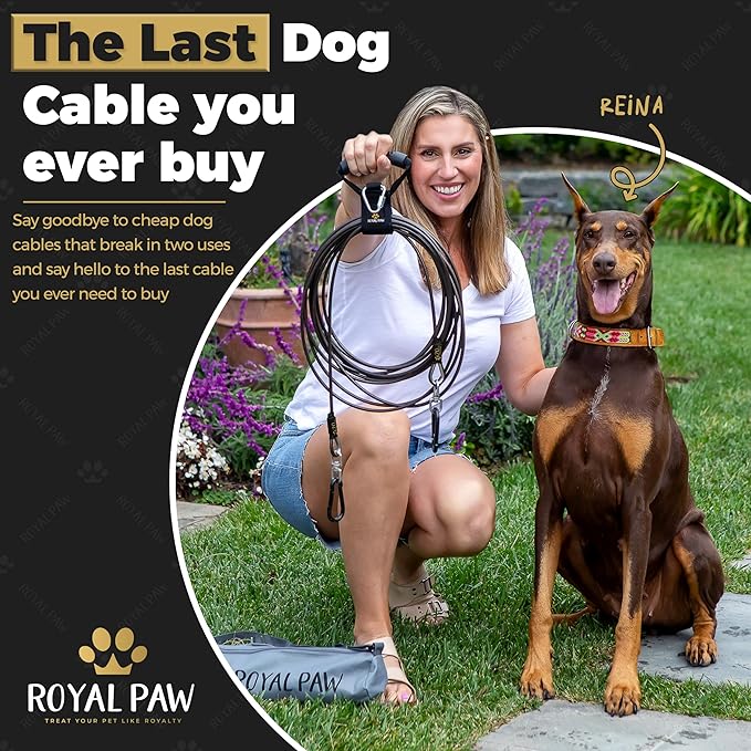 ROYAL-PAW Dog Tie Out Cable - Tie Out Cable for Dogs (up to 300 lbs) - Use Dog Tie-Outs & Stakes for Outside - Best Heavy Duty Dog Leash for Large Dogs (20ft - Black Onyx)