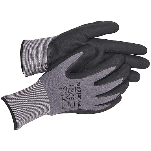 Amazon Basics Micro-Foam Nitrile Coated Work Gloves, Nylon Liner Fiber, Touch Screen, Grey, Size 10/XL, 12-Pair