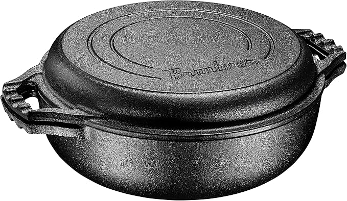 Bruntmor 2-in-1 Pre-Seasoned Cast Iron Dutch Oven with Dual Handles, Cocotte Double Braiser Pan with Grill Lid 3.3 Quarts - BBQ Grill, Fryer - Outdoor Cookware Set with Dual Handles, Camping,- Black