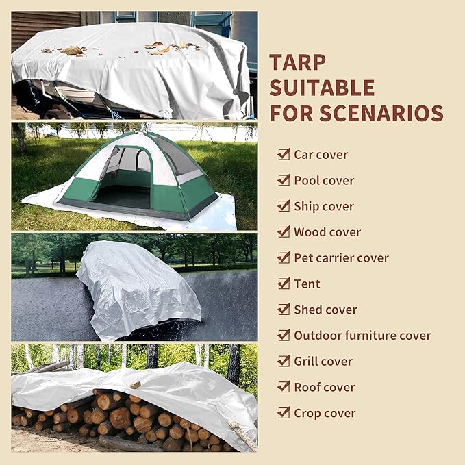 TARPAL 20'x20' White Tarp Waterproof 7.5 mil Medium Duty All Purpose Poly Tarps Cover Waterproof,Snow Proof UV Protection,Rip and Tear Proof,Poly Tarpaulin