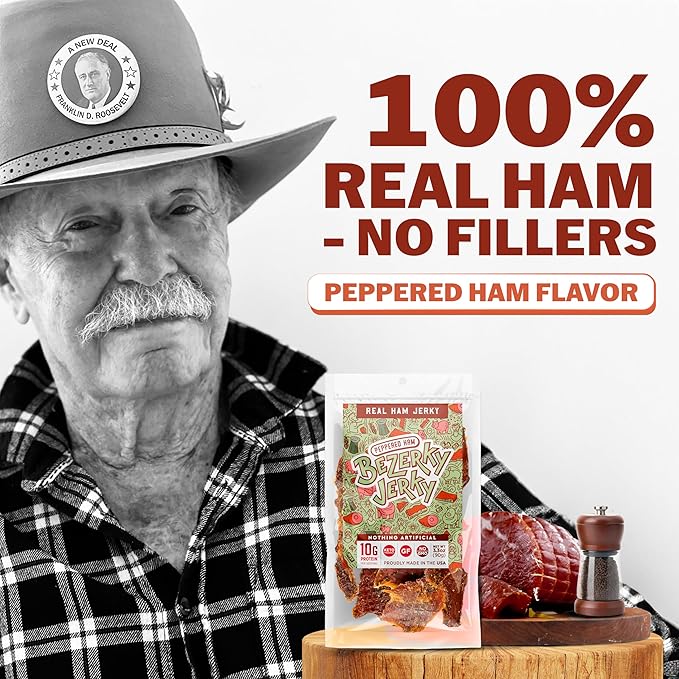 Old Fashioned Real Ham Jerky | Peppered Ham | No Artificial Sweeteners | Keto-Friendly | High Protein Meat Snack | Gluten-Free | Small Batch Handcrafted | Bezerky Jerky | 16 ounce (Pack of 1)