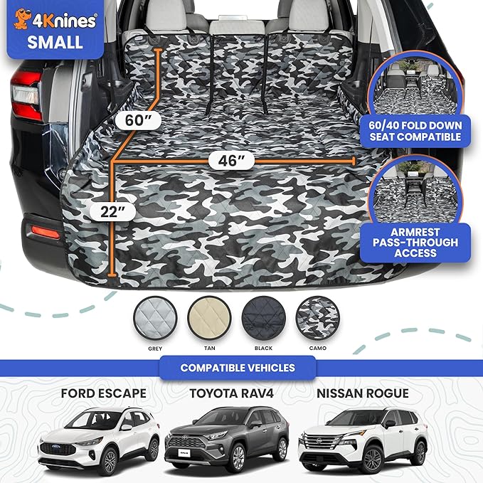 4Knines SUV Cargo Liner for Dogs, Trunk Mat for SUV, Durable Cargo Cover, Protector – Compatible with 60/40 Split Bench & Armrest Pass-Through, Waterproof, Machine Washable, Non-Slip (Small, Camo)