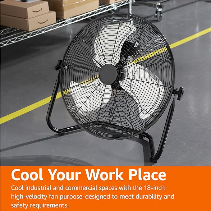 Amazon Basics 18" High Velocity Industrial Fan, Floor Fan, with 3 Speeds, Tilt Head, ETL-Listed Safety Compliance, Metal Housing/Blades, Ideal for Industrial/Commercial Space/Garage/Gym, 100W, Black