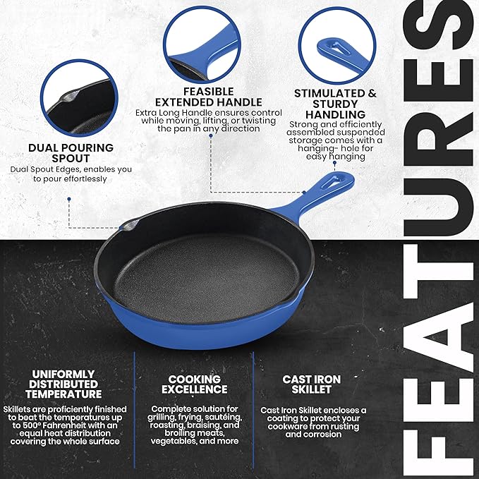 Utopia Kitchen Pre Seasoned Chefs Pan Skillet Frying Safe Grill Cookware for indoor & Outdoor Use (Blue, 8 Inch Pack of 1
