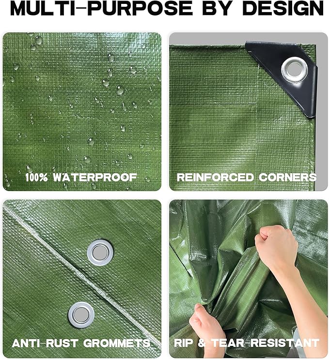 Multi Purpose Waterproof Tarp 10 x 12 Feet 5 Mil Thick Material, Waterproof, for Tarpaulin Canopy Tent, Boat, RV or Pool Cover Army Green…