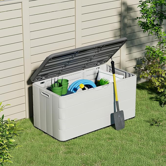 Heavy-Duty 100 Gallon Outdoor Storage Box - Waterproof Deck Box & Large Storage Bin for Patio/Pool, All-Weather Resin Chest with Lock, UV-Resistant, Alpine White