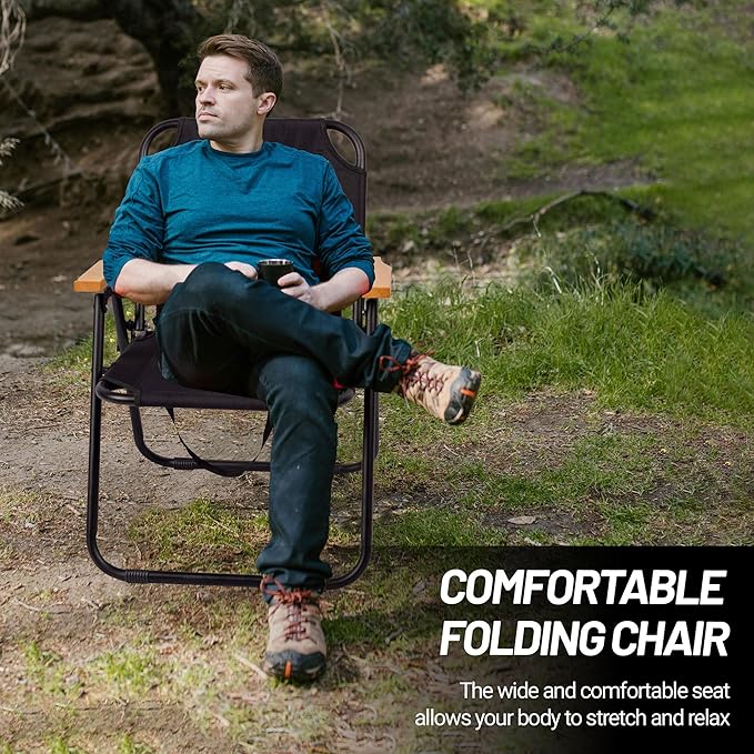 Camping Chair, Black Folding Bench Chair Seating Camp Chairs for Indoor Outdoor Hiking Fishing Patio Beach Supports up to 264 Lbs (2 Packs Single Black)