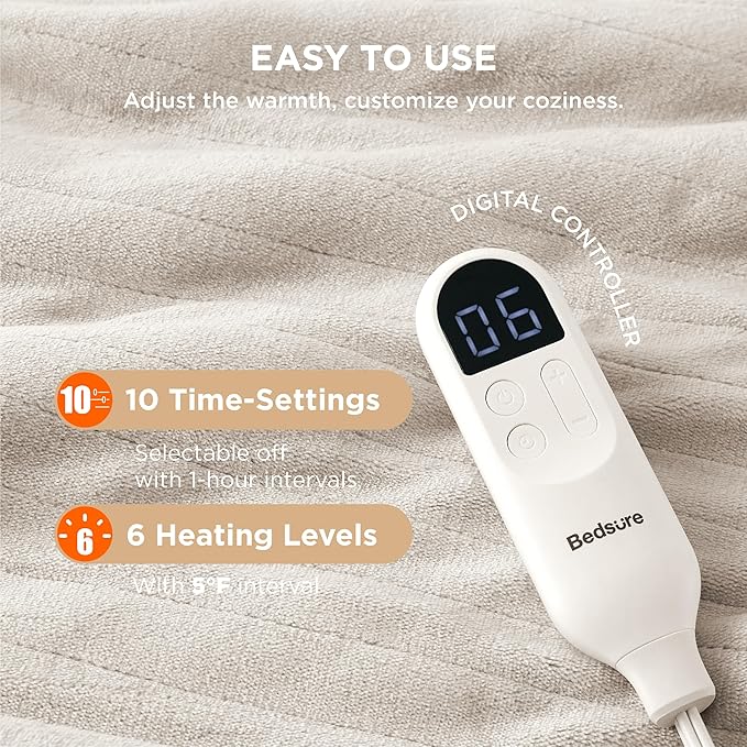 Bedsure Electric Blanket Twin - Soft Flannel Heated Blanket, Fast Heating with 10 Time Settings & 6 Heat Settings, Warm Gift for Grandma (62x84 inches, Cream)