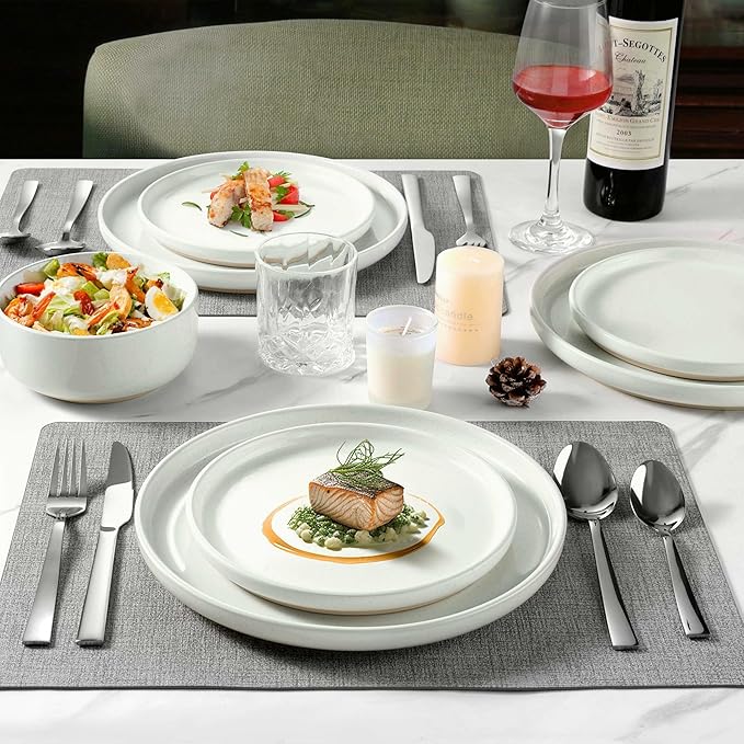 LIANYU Dinnerware Sets, 12 Piece Plates and Bowls Set for 4, Ceramic Dishware Dishes Set, Scratch Resistant Kitchen and Dining Stoneware Plates, Microwave & Dishwasher Safe, Snowy White
