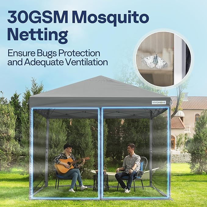 VIVOHOME 10x10ft Easy Pop-Up Canopy, Outdoor Screen Tent with Mosquito Netting, 2 Zipper Doors, and Roller Bag for Yard Camping Picnic Party Events, Grey