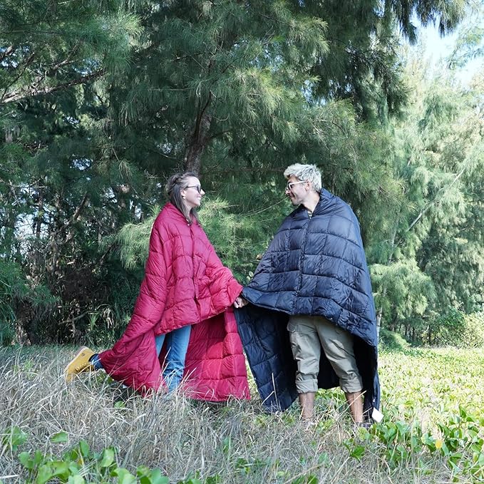 KingCamp Ultralight Camping Blanket, Packable Down Alternative Puffy Wearable Blankets Weatherproof Warm Package Quilt with Snap Buttons for Outdoor Hiking Travel Picnic Stadium (79" x 53", WINE)