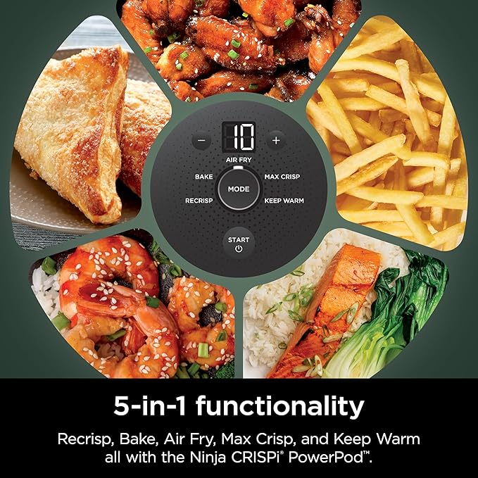 Ninja Crispi 5-in-1 Portable Glass Air Fryer, 4-QT, 2.5-QT & 6-Cup Glass Containers with Crisper Plates & Storage Lids, Microwave, Freezer & Dishwasher Safe, British Racing Green, FN103BF