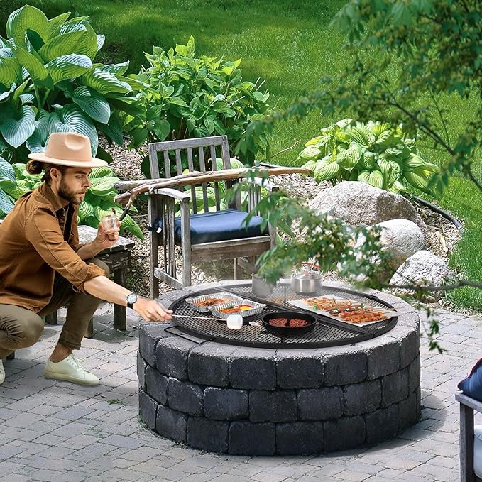 Lineslife X-Marks Fire Pit Cooking Grill Grates Portable, Heavy Duty Foldable Round Campfire Grill Grate, Firepit Grill Grate with Handles, Ideal for Outdoor BBQ Picnics, 36 Inch Black