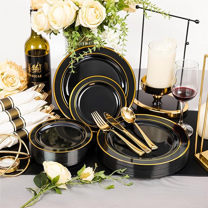 350 Pieces Black and Gold Plastic Plates with Disposable Silverware, Include 50 Dinner Plates 9”, 50 Dessert Plates 6.3”, 50 Black Cups 9 OZ, 50 Pre Rolled Napkins for Halloween new year