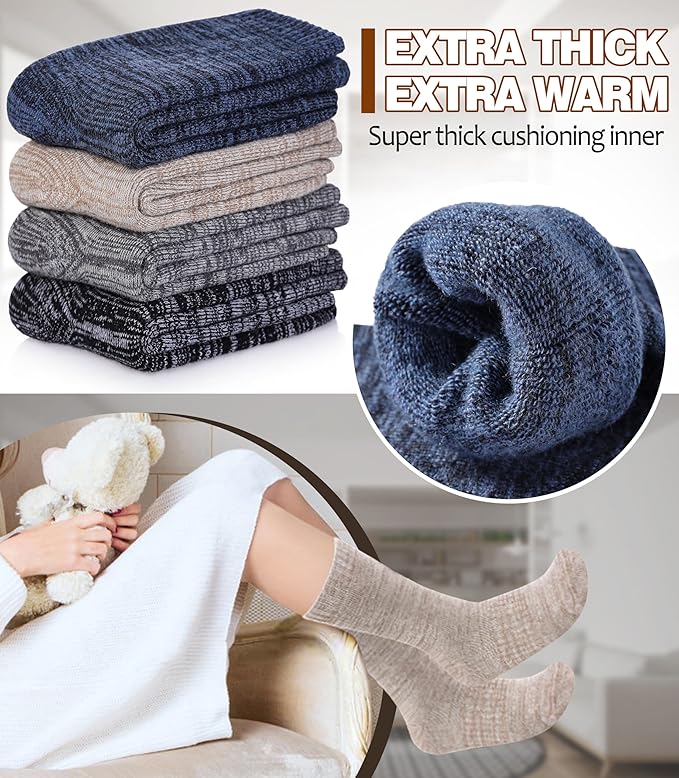 LANLEO Merino Wool Hiking Socks for Women Men Thermal Extra Thick Winter Warm Comfy Cushioning Crew Boot Socks 4 Pairs