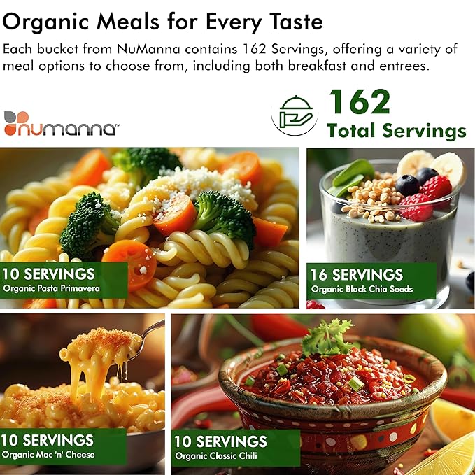 Numanna Organic Family Pack Bucket 162 Servings | USDA Organic, CCOF Certified | 1-Month Meal Kit | Ready-to-Eat Survival Meals | 25-Year Shelf Life | USA Made | Ideal for Daily Use & Emergency Prep