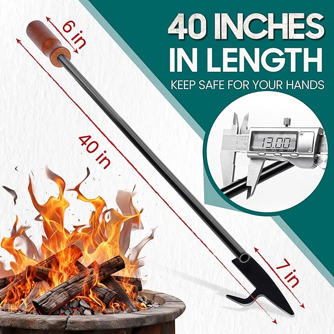 [UPGRADED] 40” Long Monolithic Design Fire Poker for Fire Pit with Blower Poke Function, Wooden Handle, Heat & Rust-resistance, Heavy Duty Fireplace Poker, Ideal for Camping, Fireplace, Woodstoves