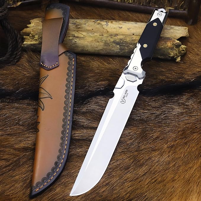 BA-KOR 14.3 inch All-Tang 9CR18MOV Hunting Survival knife + sheath,&（5.9in） Drilled Flint Fire Starter ， stainless steel +G10 handle camping knife, multi-purpose EDC tool knife ﻿