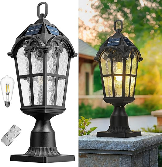 Emliviar 19" Portable Solar Post Light for Patio and Camping, Table Lamp with Pier Mount Base in Black Finish, Outdoor Solar Lighting with Water Grain Glass Shade, YXE302P-ML SL BK