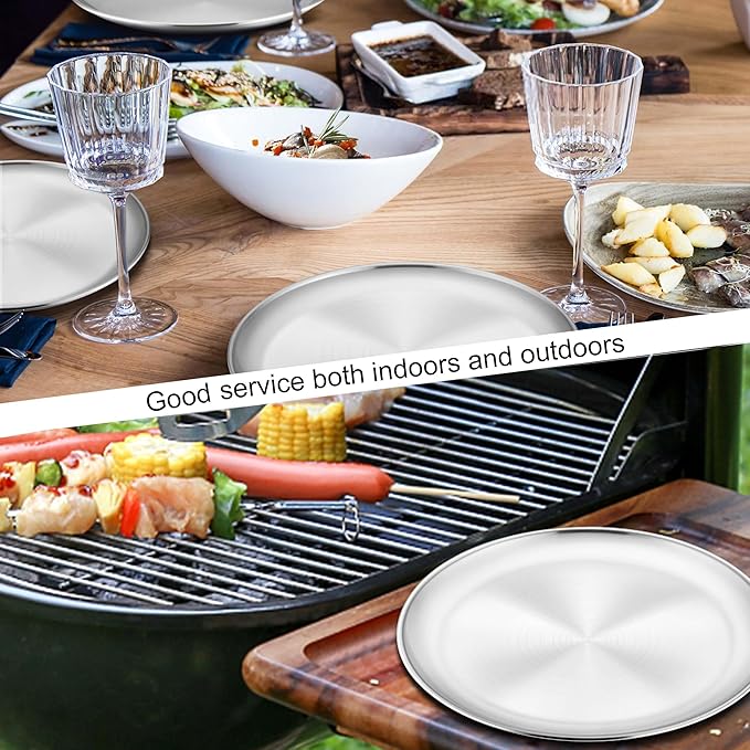 Homikit 6 Pack Stainless Steel Plate Set, 10.2 Inch Metal Kids Dinner Plates for Children Adult, Round Camping Plates for Serving Dishes Dessert Salad, Non Toxic & Reusable, Dishwasher Safe