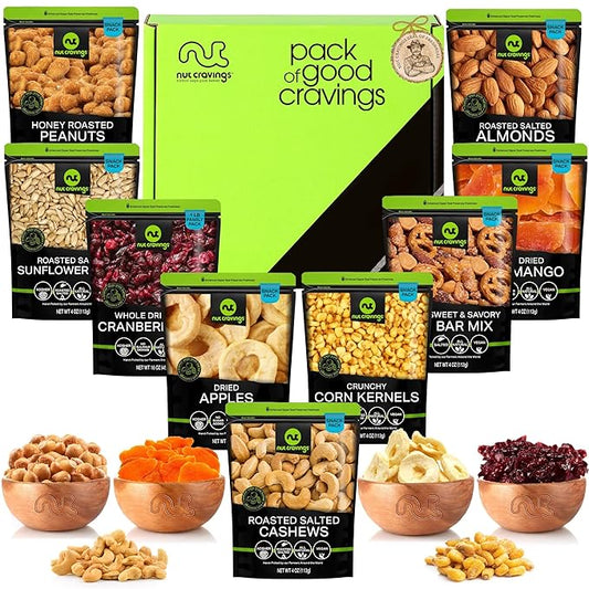NUT CRAVINGS - Diwali Sweets Hamper Dried Fruit & Mixed Nuts Basket in Green Box (9 Assortments of 4 oz, 2.25 lb) Food Arrangement, Healthy Snack Care Package, Food Assortments