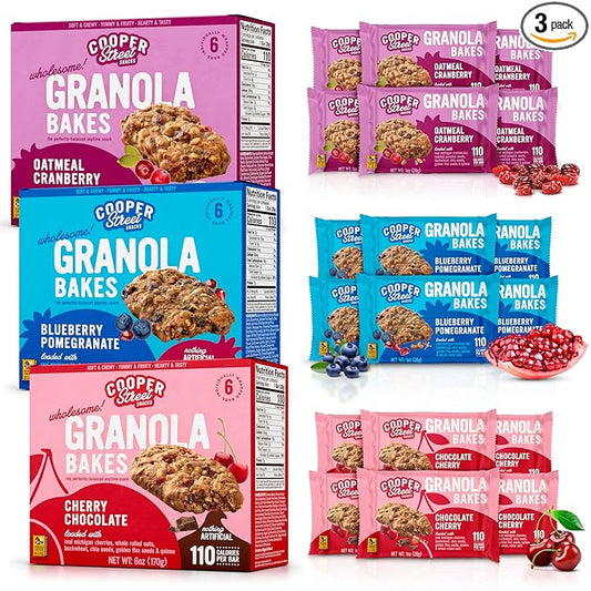 Cooper Street Granola Bakes - Soft and Chewy Breakfast Granola Bars Variety Pack (18 Count) - Perfect Snack for Kids, School, Work, Hiking & On-the-Go