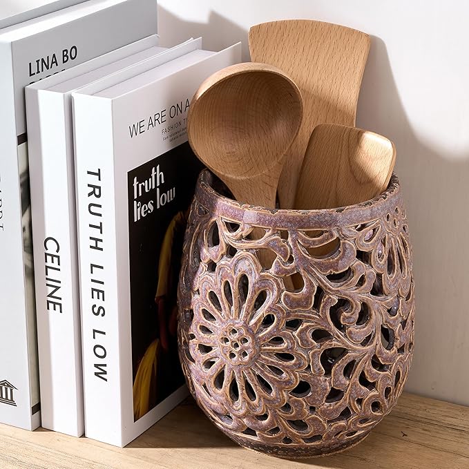 Farmhouse Kitchen Utensil Holder for Kitchen Counter, Ceramic Large Cooking Utensil Crock with Cork Mat, Countertop Cooking Tool Spatula Organizer, Purple Antique Design