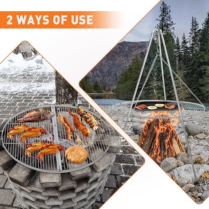 Lineslife Fire Pit Grill Cooking Grate Portable, Stainless Steel Folding Round Firepit Grill Rack with Handles, Outdoor Campfire BBQ Grill for Camping Picnic Gathering, Silver 31.5“