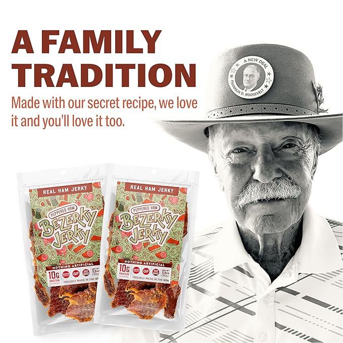 Old Fashioned Real Ham Jerky | Peppered Ham | No Artificial Sweeteners | Keto-Friendly | High Protein Meat Snack | Gluten-Free | Small Batch Handcrafted | Bezerky Jerky | 16 ounce (Pack of 1)