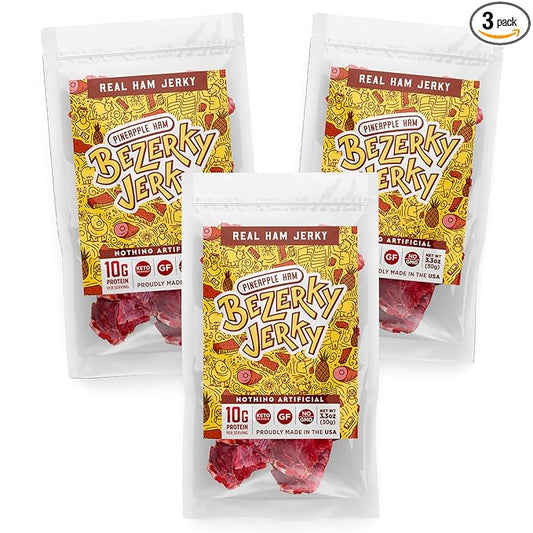 Bezerky Jerky Authentic American Ham, Keto-Friendly, Made with Premium Meat, Pineapple Jerky, All-Natural, Non-GMO & Gluten-Free, On the Go High Protein Snack, 3.3 Oz (Pack of 3)