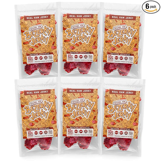 Authentic American Ham | Premium Jerky | All Natural Snacks | Keto-Friendly | Small Batch Handcrafted | High Protein Food | Non-GMO | Low Carbs | Old Fashioned Recipe | Bezerky Jerky | 3.3 Oz (Pack of 6)