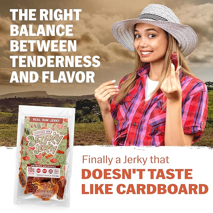 Old Fashioned Real Ham Jerky | Peppered Ham | No Artificial Sweeteners | Keto-Friendly | High Protein Meat Snack | Gluten-Free | Small Batch Handcrafted | Bezerky Jerky | 16 ounce (Pack of 1)