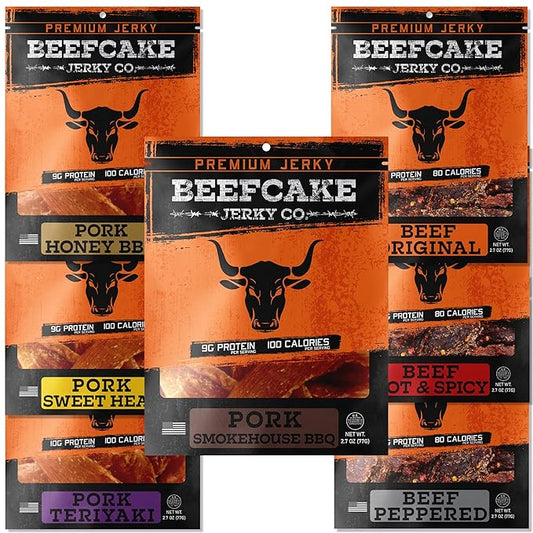 Beefcake Jerky Ultimate Flavor Sampler (7-Pack) - Gourmet Beef Jerky Variety, 9g Protein, 80-100 Calories, 2.7 Oz Each - Premium Meat Snacks