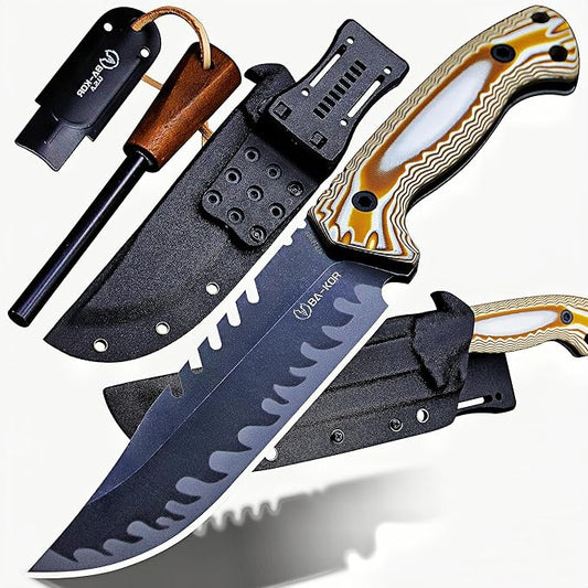 BA-KOR 12.4in Full Tang Fixed Blade Hunting Knife – 6mm 9CR18MoV Steel, G10 Handle, Stonewashed Sawback Blade with Kydex Sheath & Fire Starter for Outdoor, Camping, Survival (White and brown stripes)