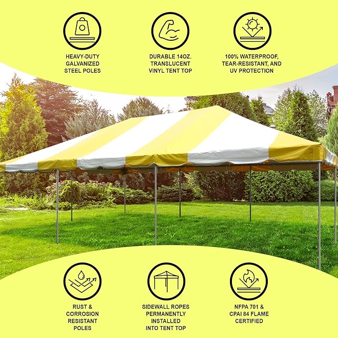 Party Tents Direct 20x30 Canopy Tent - Steel Frame - Outdoor Gazebo Pavilion Sun Shade Camping Shelter - Yellow Vinyl Heavy Duty Waterproof Tent Cover - Event Tents for Parties Wedding