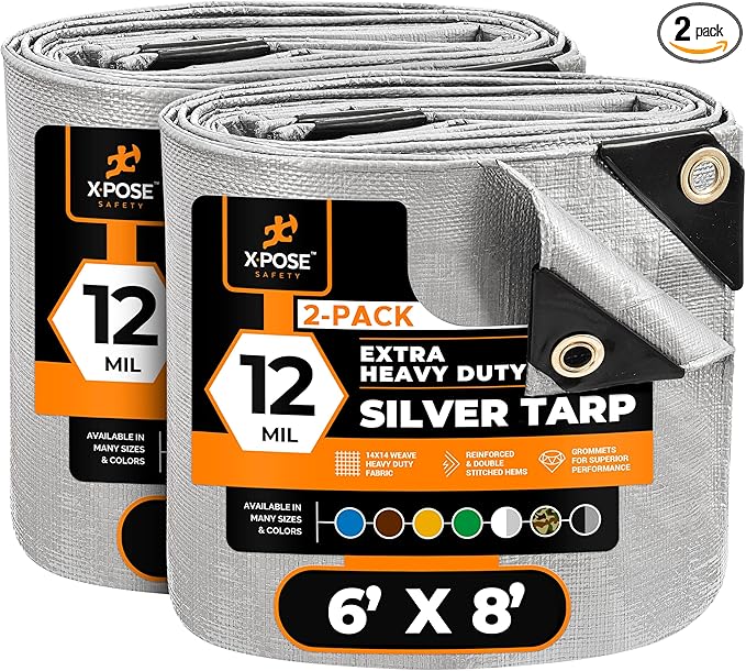 Heavy Duty Silver Poly Tarp 6' X 8' (2-Pack) - Multipurpose Protective Cover - Durable, Waterproof, Weather Proof, Rip and Tear Resistant - Extra Thick 12 Mil Polyethylene - by Xpose Safety