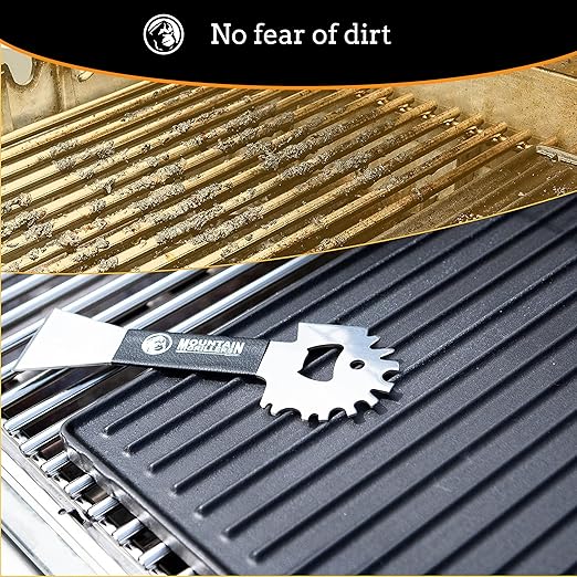 Mountain Grillers BBQ Grill Grate Scraper - Wide Portable Grill Scrubber for Outdoor Grill, Griddle, Smoke or Oven Grates - Non Slip Stainless Steel Grill Cleaning Tools with Built-in Bottle Opener