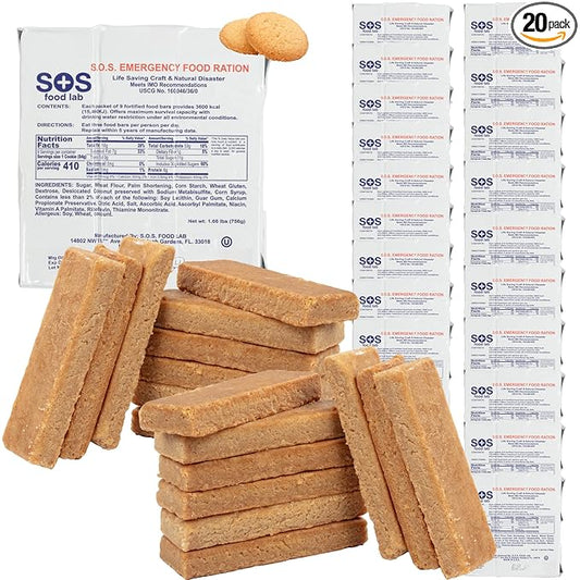 SOS Food Lab Emergency Food Bar - 3600 Calorie Ration (20 Pk Shortbread Cookie) - 3 Day/72 Hour Ready to Eat Supply for Camping, Hiking, Disaster Preparedness - 5 Year Shelf Life Energy Survival Food