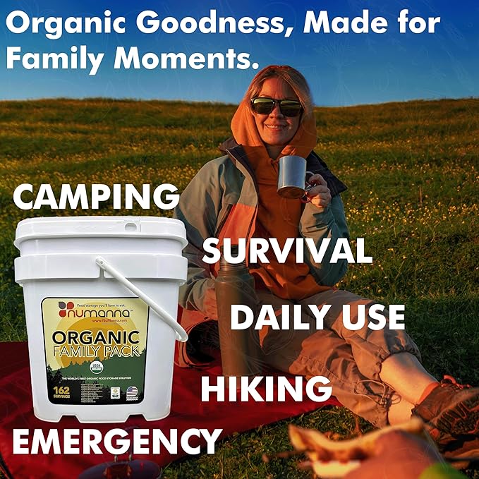 Numanna Organic Family Pack Bucket 162 Servings | USDA Organic, CCOF Certified | 1-Month Meal Kit | Ready-to-Eat Survival Meals | 25-Year Shelf Life | USA Made | Ideal for Daily Use & Emergency Prep