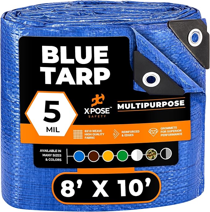 Better Blue Poly Tarp 8' x 10' - Multipurpose Protective Cover - Lightweight, Durable, Waterproof, Weather Proof - 5 Mil Thick Polyethylene - by Xpose Safety