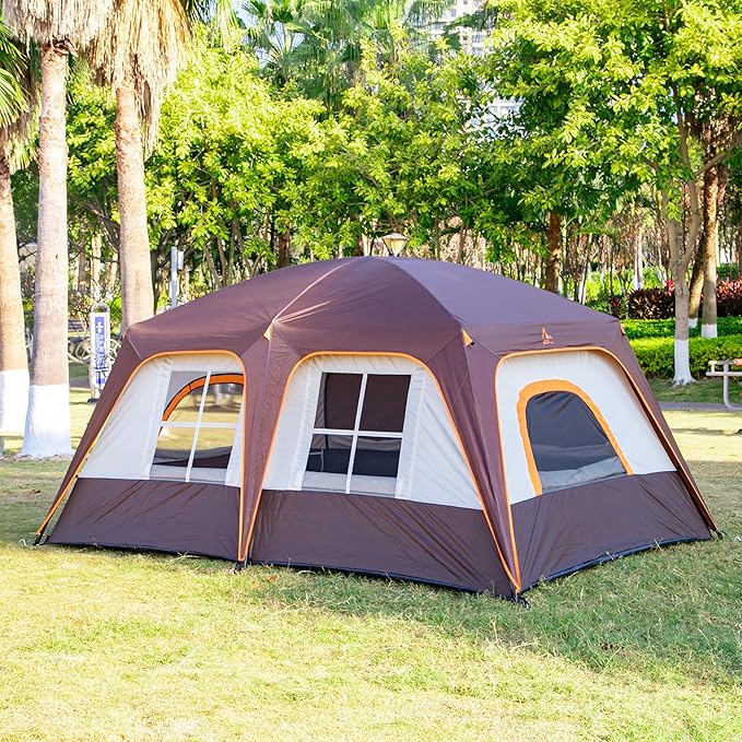 KTT Extra Large Tent 6-10-12-14 Person(A),Family Cabin Tents,2 Rooms,3 Doors and 3 Windows with Mesh,Straight Wall,Waterproof,Double Layer,Big Tent for Outdoor,Picnic,Camping,Family Gathering