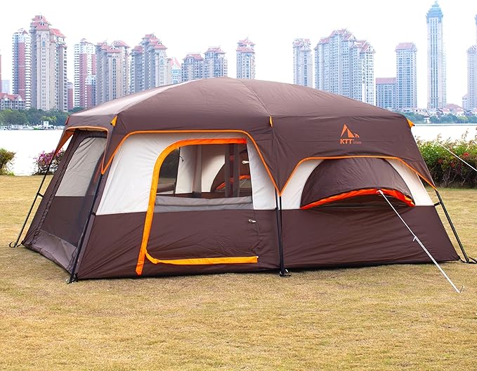 KTT Extra Large Tent 6-10-12-14 Person(A),Family Cabin Tents,2 Rooms,3 Doors and 3 Windows with Mesh,Straight Wall,Waterproof,Double Layer,Big Tent for Outdoor,Picnic,Camping,Family Gathering