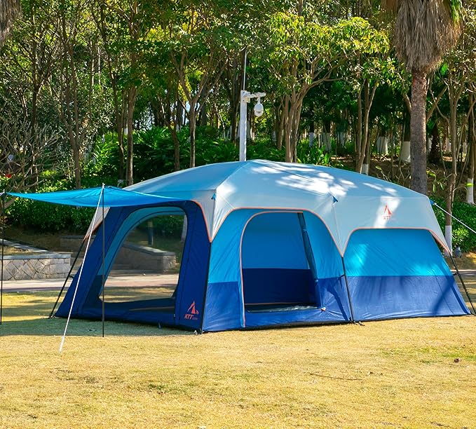 KTT Extra Large Tent 6-10-12-14 Person(A),Family Cabin Tents,2 Rooms,3 Doors and 3 Windows with Mesh,Straight Wall,Waterproof,Double Layer,Big Tent for Outdoor,Picnic,Camping,Family Gathering