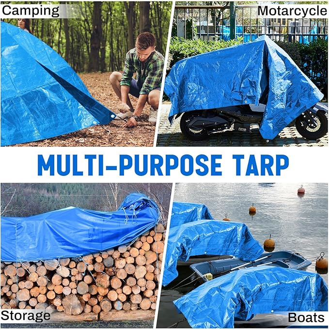 8 Pack 6 x 8 ft 5.5 Mil Large Tarps Heavy Duty Waterproof Tarp Multi Purpose Tent Cover for Home Boats Cars Camping Patio Furniture Roof Emergency Rain Protective Cover, Blue
