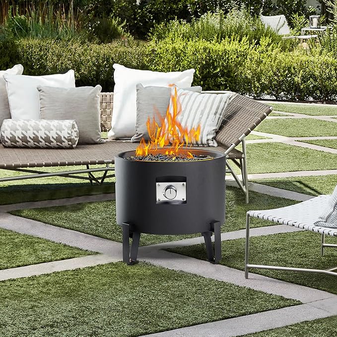 Portable Propane Fire Pit for Camping RV 50,000 BTU Round 15'' H x 16'' W Portable Gas Firepit W/Lid, Glass Rocks & Weather Resistant for Outdoors, Propane Extension Hose, Black