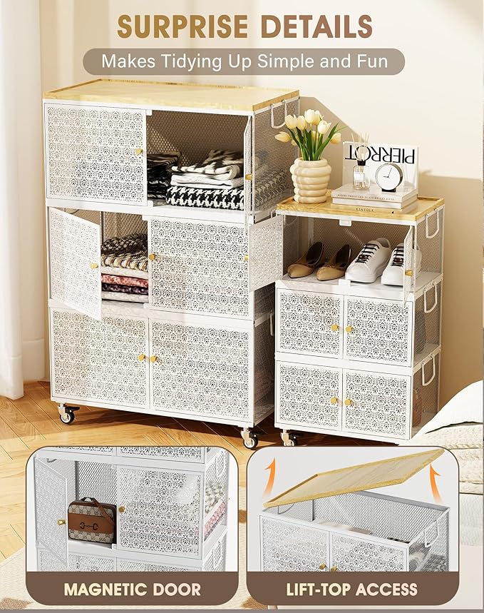 3 Tier Metal Storage Bins and Boxes Organizer, Magnetic Doors & 360°Swivel Lockable Wheels, Easy,labor-Saving, Ocean Life Cutout Pattern, Eco-Aesthetic for Living Room,Bedroom,bathroom,kitchen