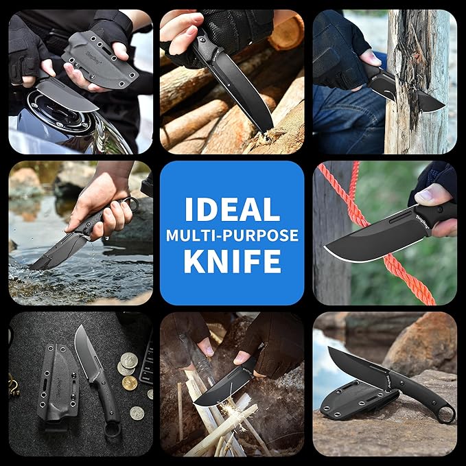Fixed Blade Knife with Sheath, 4.0” DC53 Steel blade with Black Titanium Coating and G10 Handle Full Tang Outdoor Camping Hiking Survival Knives for Men Women
