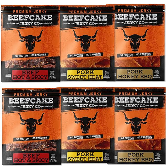 BEEFCAKE Jerky Sweet to Hot Jerky Sweet Heat Pork, Honey BBQ & Hot Spicy Beef Meat Snacks, 9 Gram of Protein and 100 Calories 2.7 Oz | Pack of 6