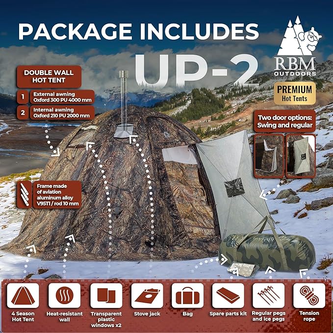 Rbm Outdoors Hot Tent with Stove Jack, Easy Setup 4 Season Winter Tents for Camping, Cold Weather Wall Double Layer Waterproof & Windproof Shelter